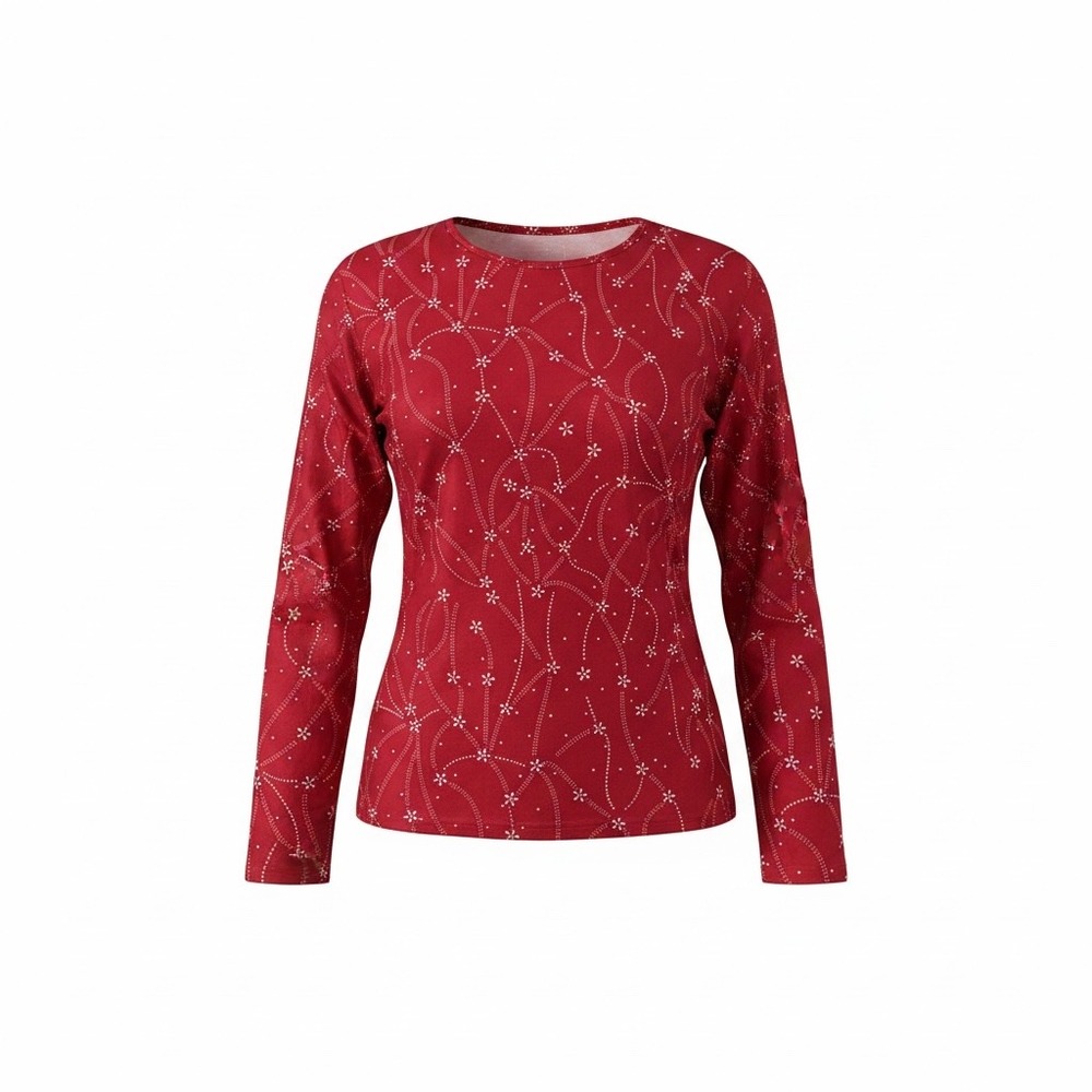 JustFashionNow XXL Red Ivory Floral Vine Stretch Tunic Top Long Sleeve